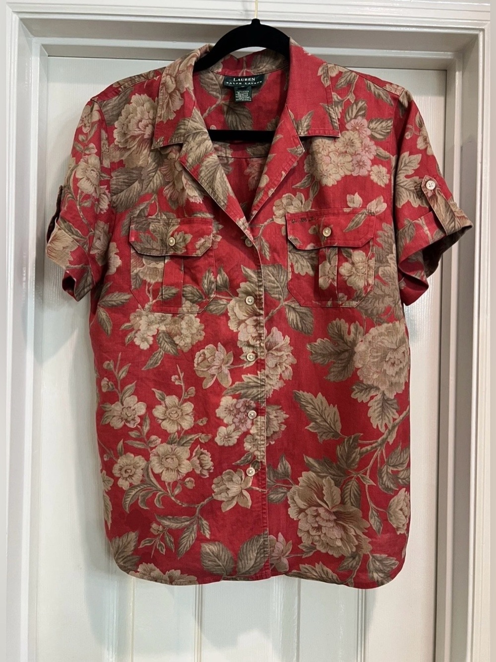 Lauren Ralph Lauren Womens Medium Short Sleeve 100% Linen Red Floral Button Down - Picture 5 of 11